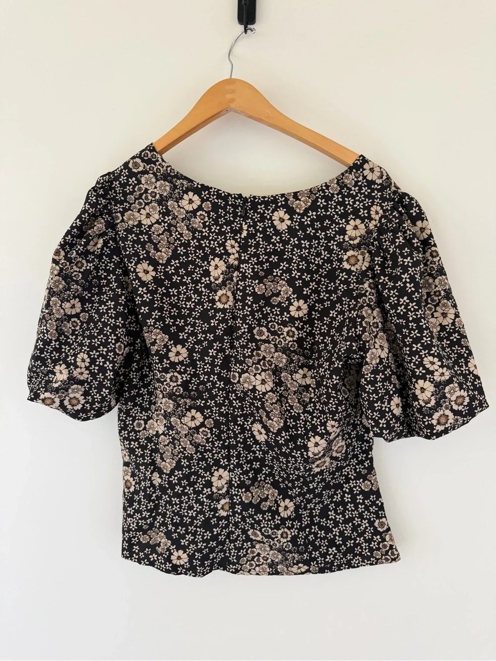 Astr Black Floral Puff Sleeve Blouse with Cream Blossoms